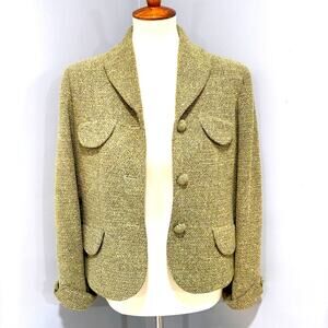 Vintage Green Textured Tweed Blazer Jacket Funky Floral Liner Size 8P Petite